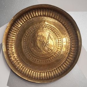 Antique Brass Alms Plate 7.5" Diameter with Stamped Hamsa Bird. Beautiful!